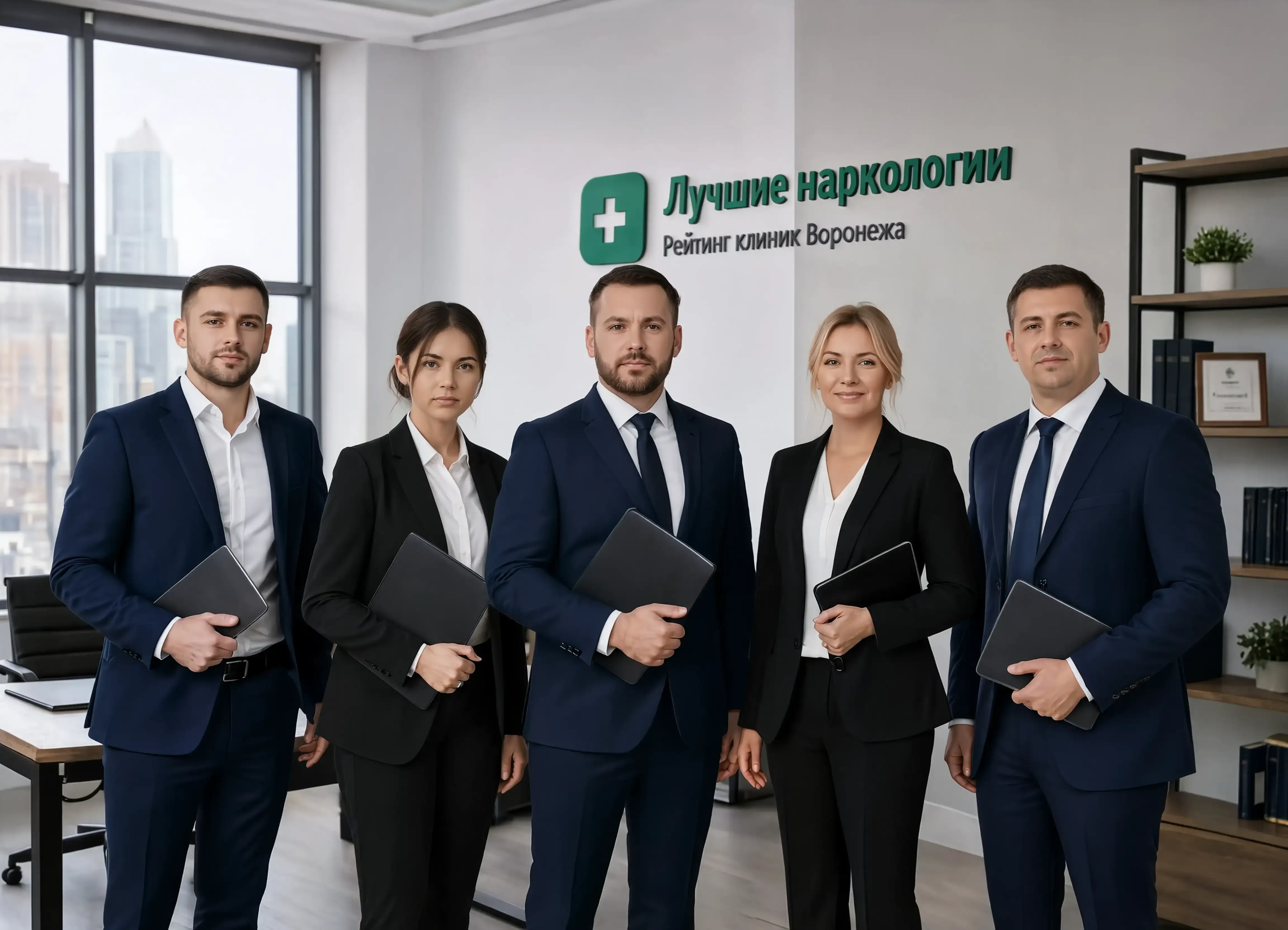 Команда экспертов в деловых костюмах в офисе оценивает клиники и составляет рейтинг, где работают лучшие наркологи Воронежа
